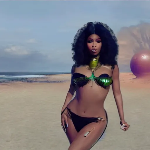 Prompt: nicki minaj goes to the beach on an alien planet, ultra realistic, futuristic, 8 k resolution