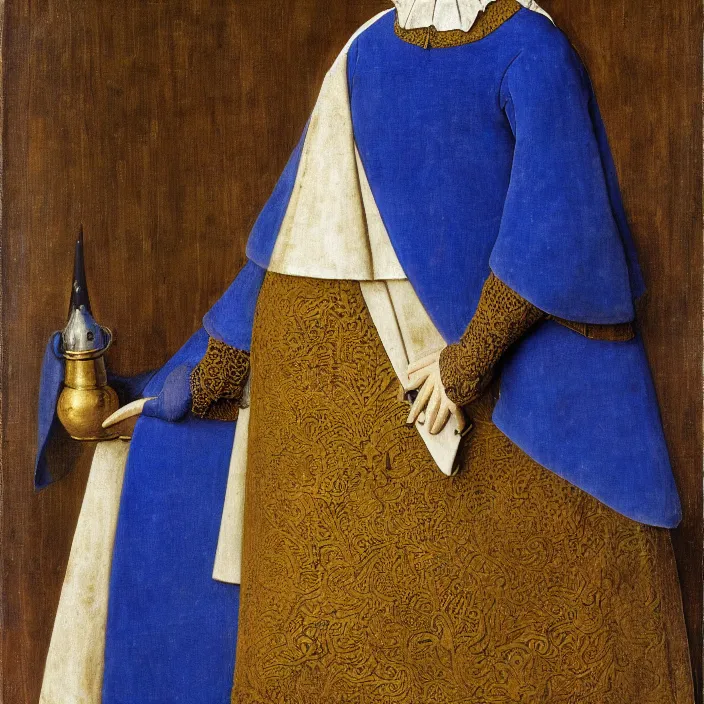 Image similar to woman in medieval armor with the pillow blue monster. jan van eyck