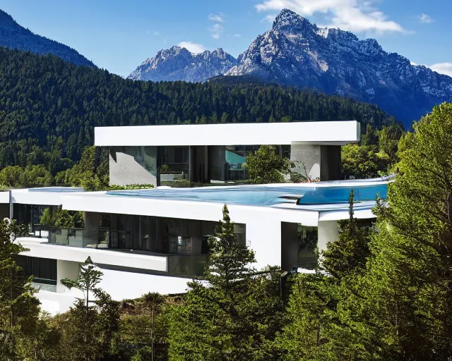 Prompt: A 8K photograph of a modern mansion by Zaza Hadid, set against a stunning backdrop of mountains and forests, unique architecture and design, the photograph is taken from a distance