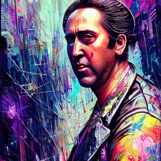 Image similar to beautiful portrait of Nic Cage cyberpunk by Tristan Eaton and Stanley Artgerm and Tom Bagshaw, Greg Rutkowski Carne_Griffiths