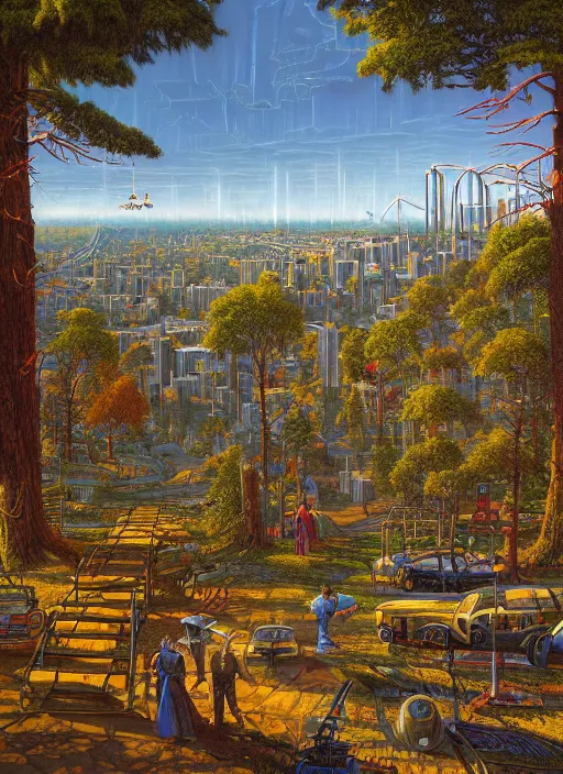 Prompt: photo of a business park on a forest hill in seattle. vintage shapes, retro technology, happy colors dariusz zawadzki, tim hildebrandt, wayne barlow, bruce pennington, larry elmore, oil on canvas, deep depth field, masterpiece, cinematic composition, hyperdetailed