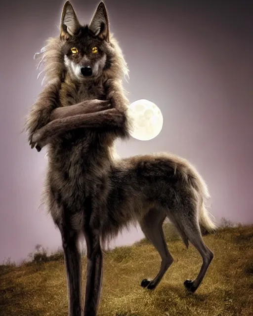 Image similar to Tall emaciated man wolf hybrid, covered in matted fur, he has yellow wolf eyes, a long bent rat like tail, long coyote like ears, and is Wearing a purple velvet cape with a silver Top Hat, Atmospheric Full Moon, highly realistic, Rick Baker style, photoreal, photograph in the style of Annie Leibovitz