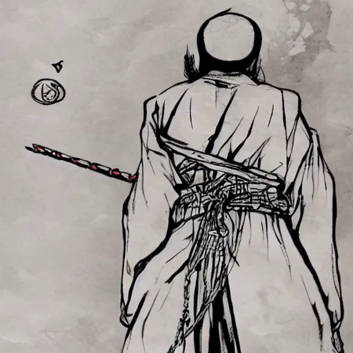 Image similar to A PORTRAIT FROM BEHIND OF A SAMURAI MAN VAGABOND WITH A MOON BEHIND HIM ,THE SAMURAI IS WRAPPED IN CHAINS ,detailed, concept art, ink style , sketch