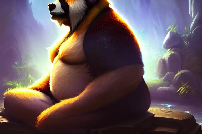 Image similar to [ important ] amazing portrait of a pandaren meditating [ / important ], hearthstone splash art, deiv calviz, splash art, natural light, elegant, intricate, fantasy, atmospheric lighting, by greg rutkowski, hearthstone splash art, hd wallpaper, ultra high details, cinematic composition