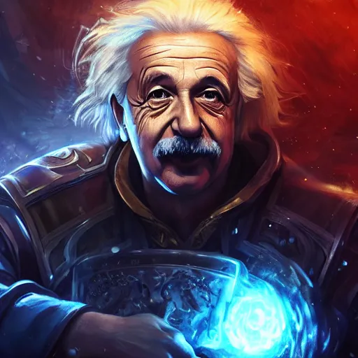 Image similar to portrait of albert einstein as a spellcaster, league of legends amazing splashscreen artwork, gears of war, splash art, natural light, elegant, photorealistic facial features, intricate, fantasy, detailed face, atmospheric lighting, anamorphic lens flare, cinematic lighting, league of legends splash art, hd wallpaper, ultra high details by greg rutkowski