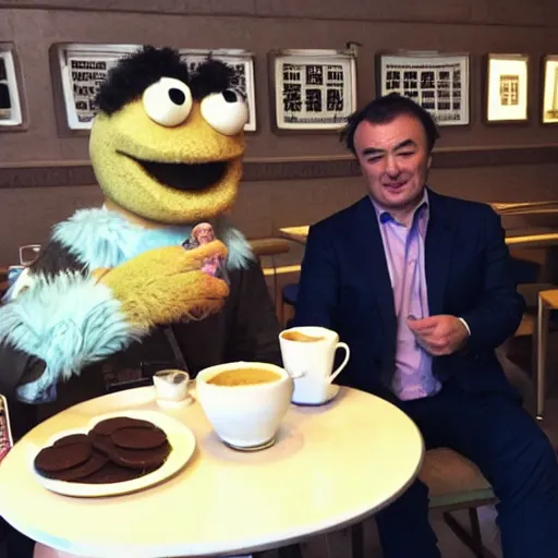 Image similar to Chinese Kevin O'leary talking with cookie monster, in a café