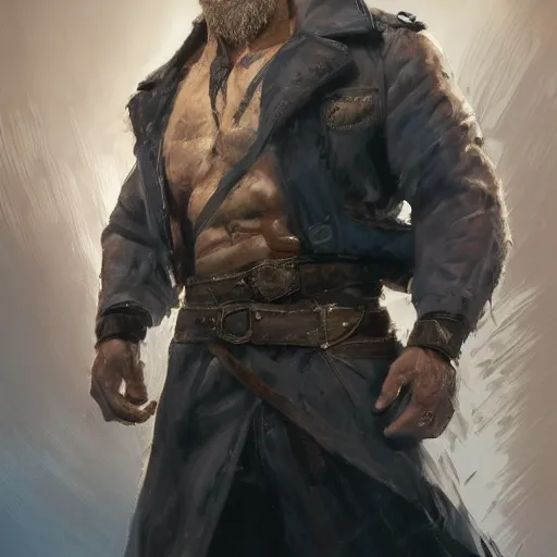 Image similar to portrait of a muscular, grim, ponytail haired blonde man in his late 30's, wearing a thick brown leather coat, looking to his side, scarred face, some beard, blue eyes, hunter, DnD character, fantasy character, digital art by Ruan Jia, Krenz Cushart, Rossdraws and Boris Vallejo