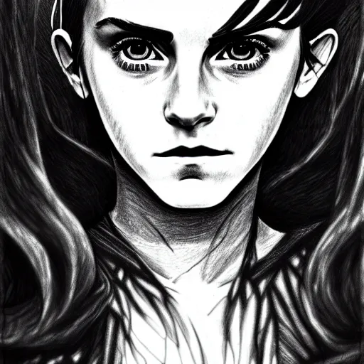 Image similar to emma watson in a demon slayer manga pencil, pencil and vine charcoal drawing, on medium grade paper, indian ink, variable lineart, grayscale, manga tones, detailed, set in hell, threatening an oompa loompa, hyper realistic, manga, beautiful