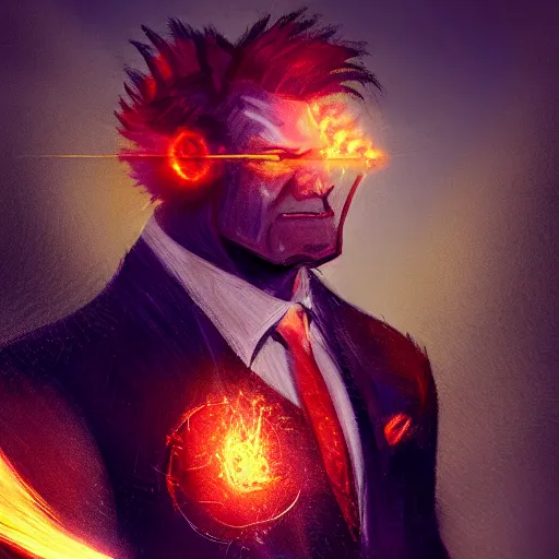 Image similar to fire giant, suit and tie, fire hair, science fiction, d & d, concept art, sharp focus, illustration, character art,