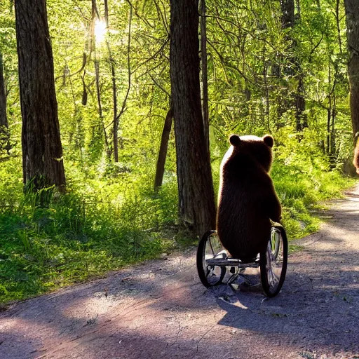 Image similar to A bear on a tricycle, riding on a nature trail in the forest, sunlight through the trees.