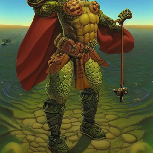 Prompt: anthropomorphic turtle hero by tim hildebrandt