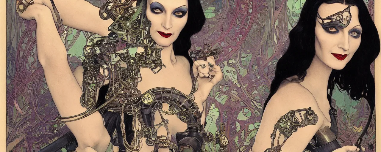 Image similar to beautiful enticing cyberpunk art nouveau style portrait of morticia addams as a gigerpunk rebel soldier by olivia de bernardinis, moebius, chris achilleos and alphonse mucha, photorealism, extremely hyperdetailed, perfect symmetrical facial features, perfect anatomy, ornate declotage, latex, weapon, high technical detail, confident expression, wry smile