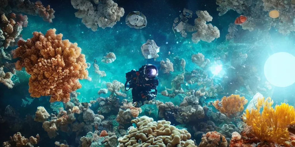 Image similar to astronauts find a coral reef on the moon. 4 k film still image. christopher nolan. in the style of interstellar. colorful corals. magical. lens flare