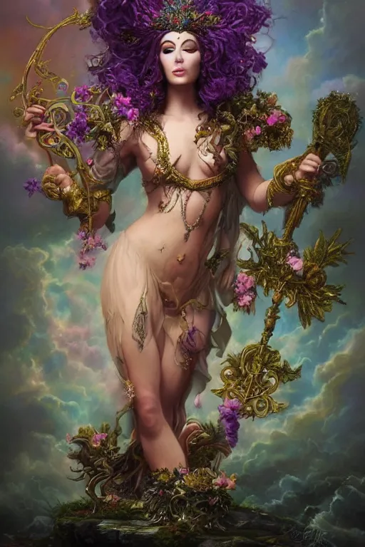 Image similar to full body pose fine art photo of the cher goddess, she has a crown of stunning flowers and frilly dress of purple satin and gemstones, background full of stormy clouds, by peter mohrbacher