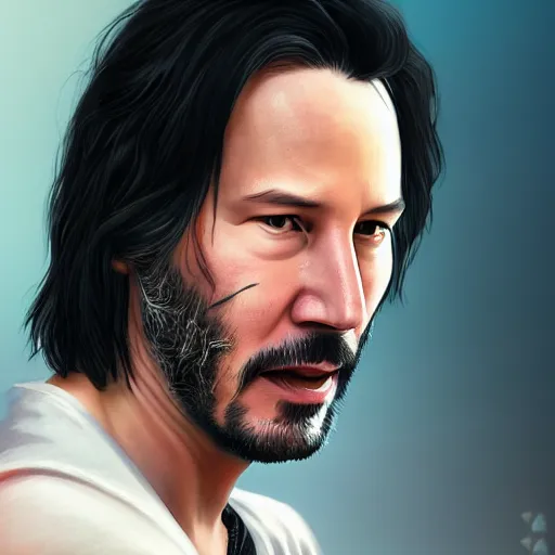 Image similar to keanu reeves if he was a character on a GTA loading screen, au naturel, hyper detailed, digital art, trending in artstation, cinematic lighting, studio quality, smooth render, unreal engine 5 rendered, octane rendered, art style by klimt and nixeu and ian sprigger and wlop and krenz cushart