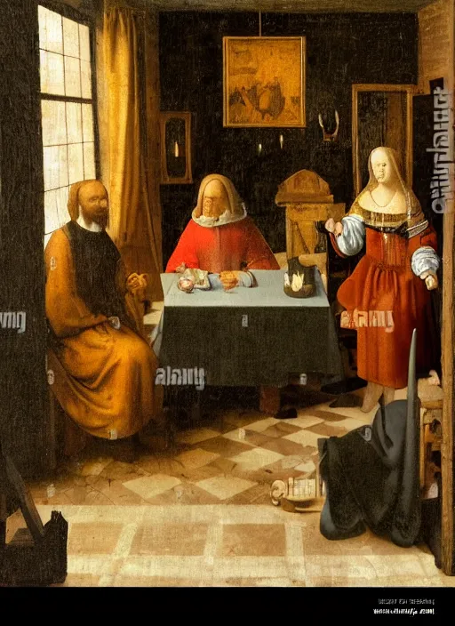 Image similar to a candlelit table at the inn, two people sitting at the table, swirling smoke, dark smoke, realistic, in the style of leonardo da vinci, dutch golden age, amsterdam, medieval painting by jan van eyck, johannes vermeer, florence