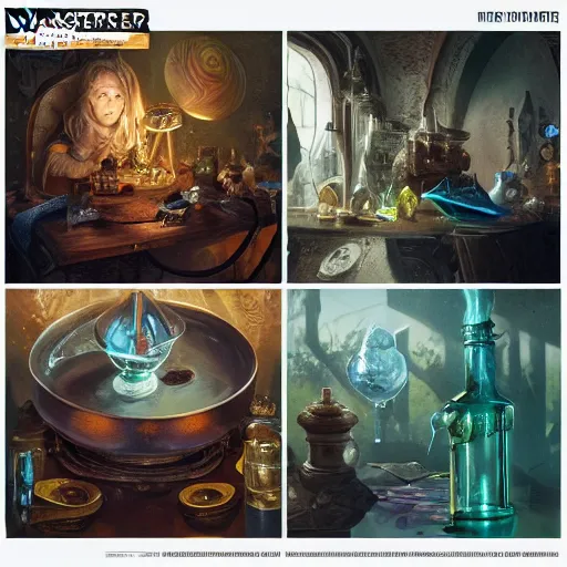 Image similar to hyper real, table, wizards laboratory, lisa parker, tony sart, mortar, pestle, scales with magic powder, energy flowing, magic book, beakers of colored liquid, greg rutkowski, alphonse mucha