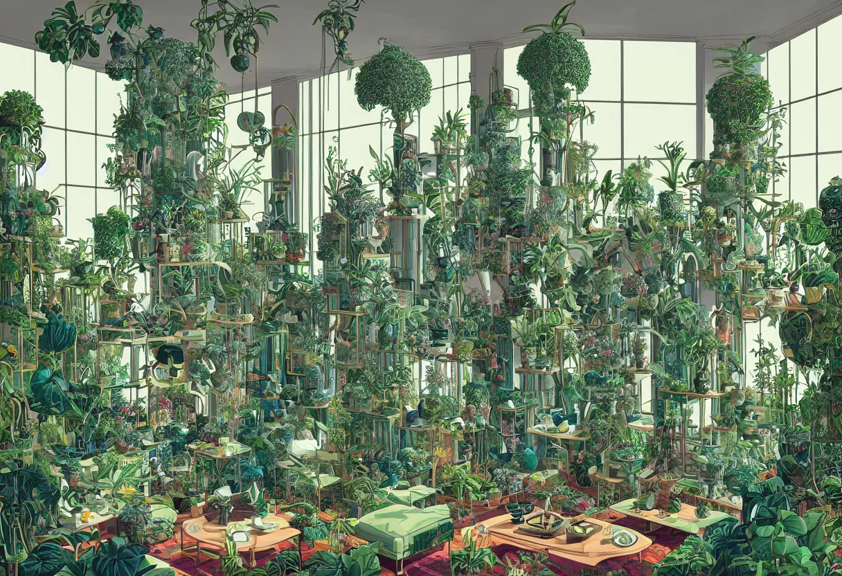 Prompt: luxury living room full of plants and trees by josan gonzalez