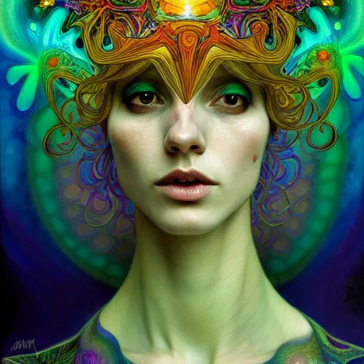 Image similar to An extremely psychedelic experience, reality bending, morphing, transforming, colorful, surreal, magic mushrooms, psilocybin, LSD, face, detailed, intricate, elegant, highly detailed, digital painting, artstation, concept art, smooth, sharp focus, illustration, art by Krenz Cushart and Artem Demura and alphonse mucha