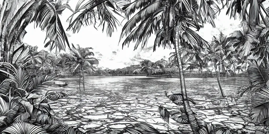 Prompt: tropical island, 8 k, high resolution, detailed charcoal drawing, beautiful hd, art nouveau, concept art, colourful artwork, in the style of konrad cramer