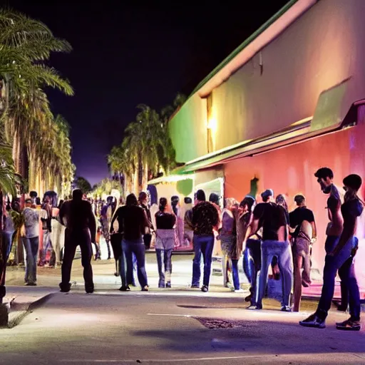 Image similar to a medium shot of a line of people outside of a trendy nightclub at midnight, palm trees on the street, directed by christopher nolan