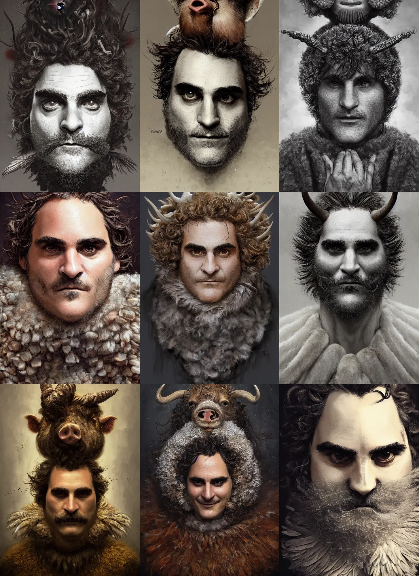 Prompt: a hyper detailed full face portrait of a anthropomorphic joaquin phoenix as the king of animals, cow horns, pig nose, sheep wool, chicken feathers, horror, by anna podedworna, by miklos ligeti, by diego maricato, by taran fiddler, on artstation