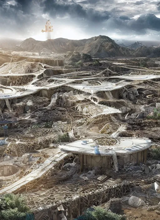 Image similar to bioremediation white mining tailing futuristic horizontal architecture in chuquicamata, epic, cinematic, hyperealistic, high detailed, corona render, hdr, ray tracing