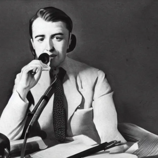 Prompt: A 1940's reporter in a suit with a microphone, photorealistic art, photo,