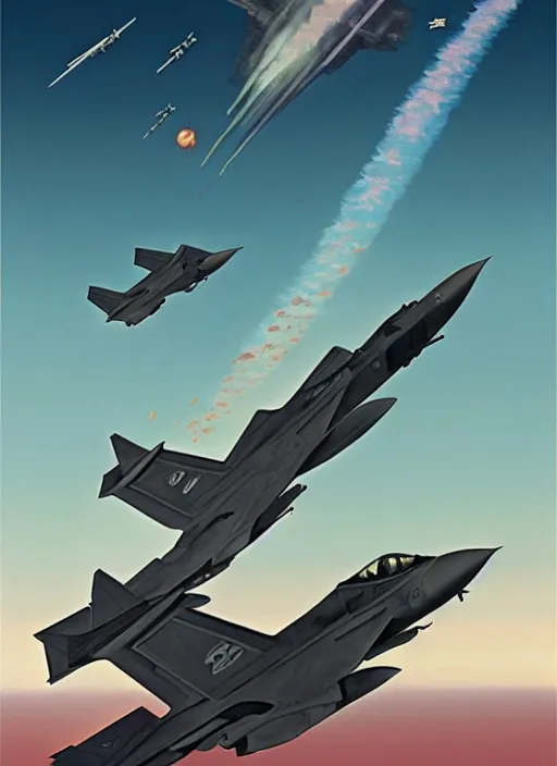 Image similar to poster artwork by michael whelan and tomer hanuka, a portrait, f 3 5 jets dogfighting in the clouds of jupiter, clean