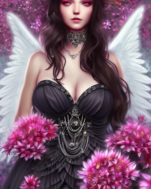 Image similar to dark angel in beatiful dress surrounded by dark flowers and diamonds, very detailed, realistic face, detailed face, matte, tonemapping, bbwchan, perfection, 4 k, cushart krenz