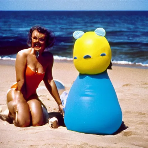 Image similar to 1981 woman on tv show wearing a happy squishy inflatable prosthetic mask, soft color wearing a swimsuit at the beach 1981 color film 16mm holding a an inflatable fish Fellini John Waters Russ Meyer Doris Wishman old photo