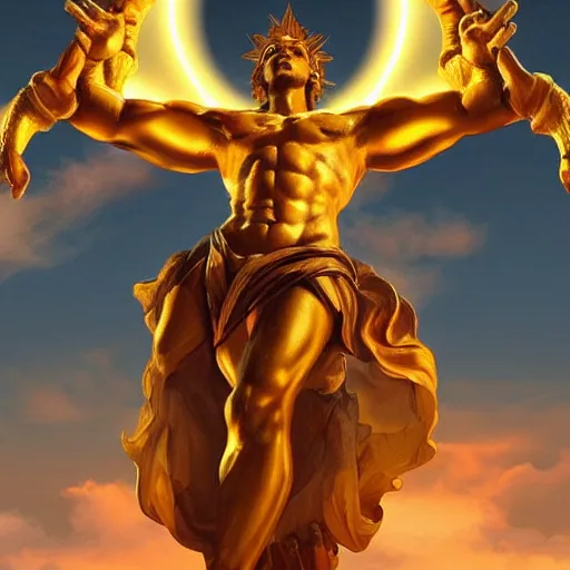 Prompt: four armed statue of the god of the sun, helios descending from olympus, four arms, holy light, artstation, concept art, smooth
