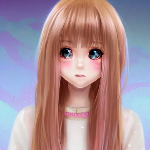 Image similar to Render of Nikki from Shining Nikki Dress-Up Game, a cute 3D young woman, long light pink hair, full bangs, full round face, hazel amber eyes, pale skin, cute freckles, light blush, Chinese heritage, smiling softly, wearing casual clothing, interior lighting, cozy living room background, medium shot, mid-shot, hyperdetailed, trending on Artstation, Unreal Engine 4k