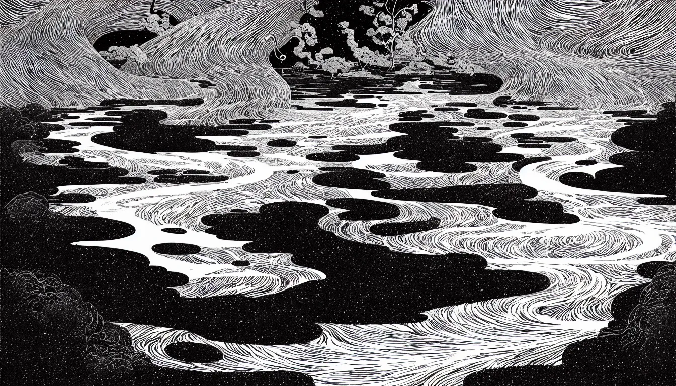Image similar to flowing river by nicolas delort, moebius, victo ngai, josan gonzalez, kilian eng