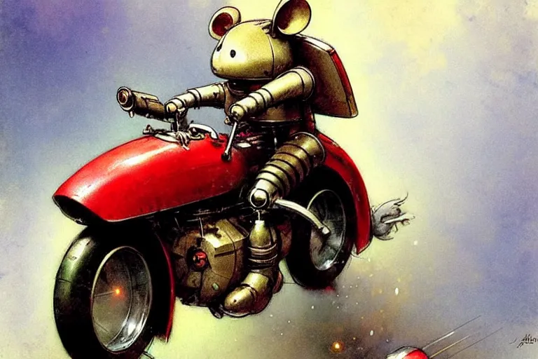 Prompt: adventurer ( ( ( ( ( 1 9 5 0 s retro future robot android mouse riding a motorcycle. muted colors. ) ) ) ) ) by jean baptiste monge!!!!!!!!!!!!!!!!!!!!!!!!! chrome red