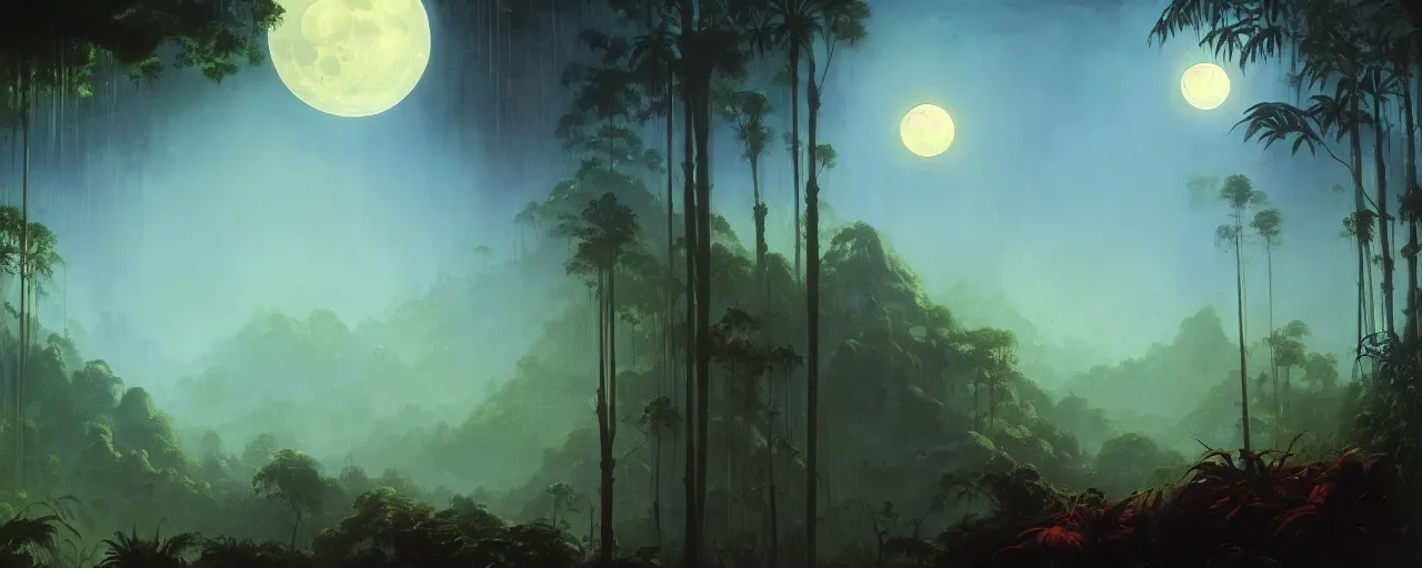 Image similar to very detailed mystic foggy cinematic jungle background , moon,backlight trees by frazetta