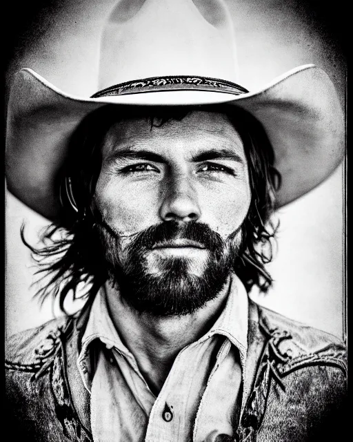 Image similar to portrait of cowboy, black and white polaroid, western, high production value, intricate details, high resolution, hyperrealistic, hdr, high definition, award winning photography, masterpiece, ultra realistic, highly detailed, hd, sharp focus, cinematic lighting, shaded, non blurry, sharp, smooth