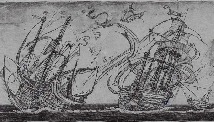 Prompt: encyclopedia drawing of a octopus attacking ship, manuscript, detailed