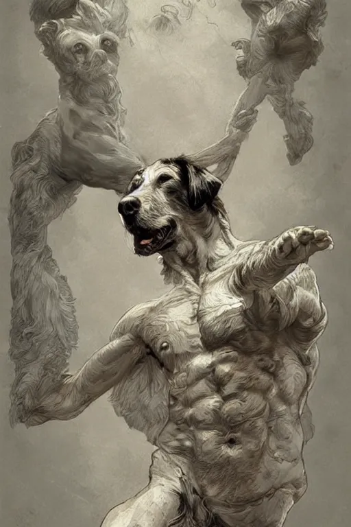 Prompt: Dog as a Greek god, detailed face, greek statue, gorgeous, amazing, muscular, fit, very muscular male body, brilliance, delicate and intricate borders for decoration, intricate, highly detailed, digital painting, artstation, concept art, sharp focus, illustration, art by greg rutkowski beeple , loish and alphonse mucha