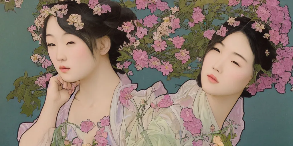 Image similar to a portrait of a very beautiful Asian young woman with giant flowers behind her head, in the style of WLOP and Alphonse Mucha and Ross Tran, with a drone flying in the air, realistic, seductive, closeup, facing the camera, dramatic lighting