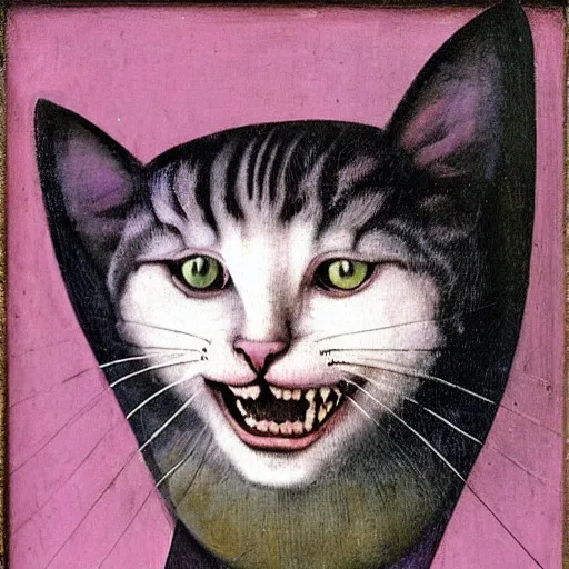 Image similar to portrait of the cat of cheshire bosch with pink and purple stripes and a huge malicious smile by hieronymus bosch. oil on wood