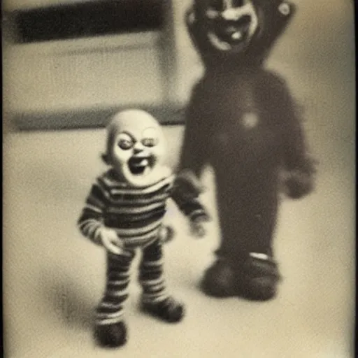 Image similar to old polaroid photo of first contact with the screaming chucky doll