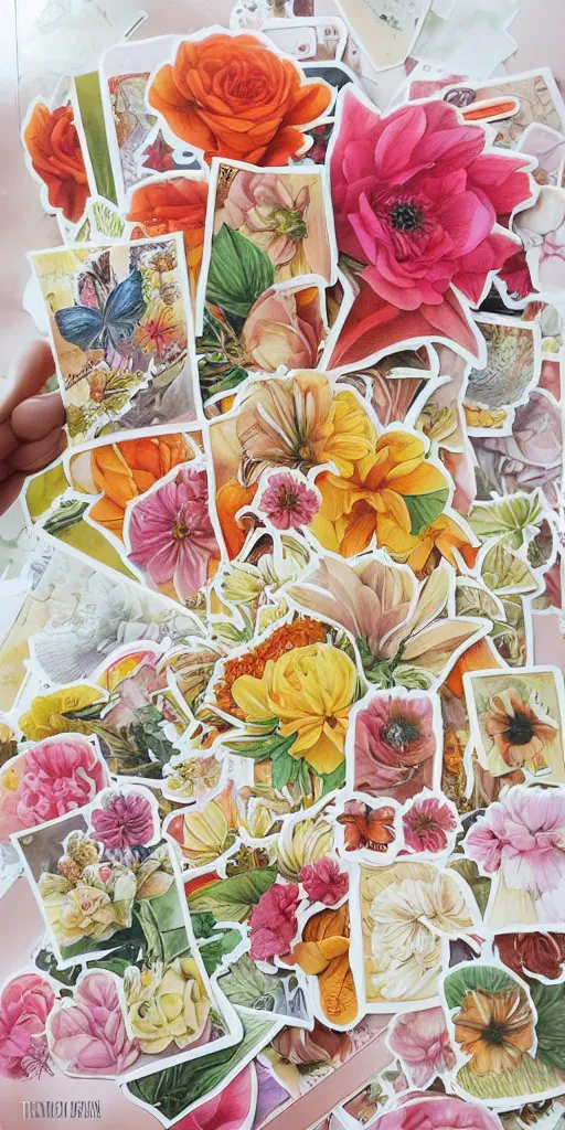 Prompt: beautiful flower, by tran nguyen, warm colors, cozy, sticker sheet, planner stickers