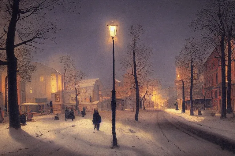 Prompt: pine tree-lined street at evening in a very beautiful Norwegian city in winter by Rembrandt, colorful scandinavian architecture, strong dramatic cinematic lighting, lost civilizations, smooth, sharp focus, extremely detailed