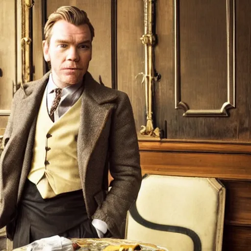 Image similar to ewan mcgregor from behind dressed as a gentleman in early 2 0 th century paris cafe. warm colour, brown colours, yellow colours