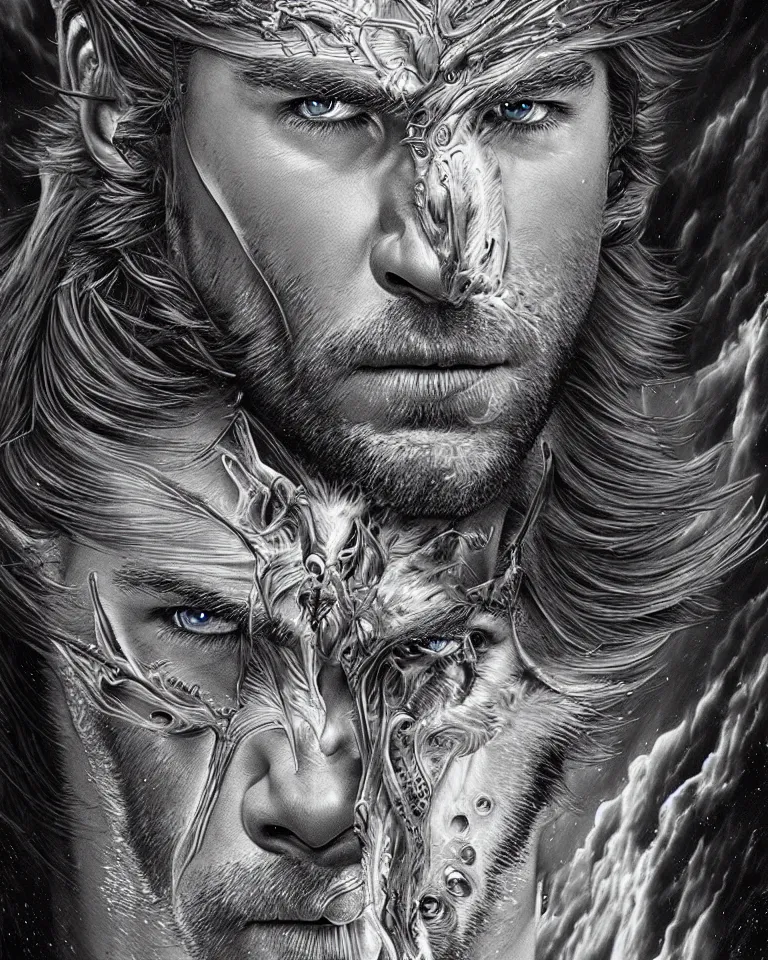 Image similar to ultra realist intricate detailed portrait of chris hemsworth turning into a white wolf in an alien landscape, insanity, accurate features, apocalyptic, very intricate details, 8 k resolution, dim lighting, volumetric lighting, artstyle, zdzisław beksinski and keith thompson, award winning