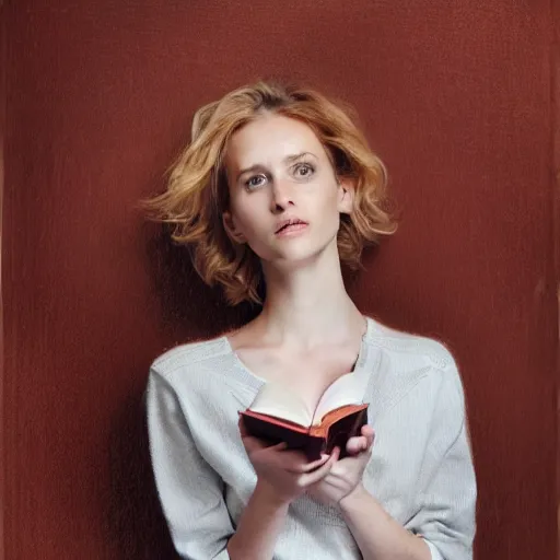 Prompt: hyper realistic, full perfect face, realistic, highly detailed background, can see a waist - length body, sitting and holding a book in his hand, photography beautiful girl, face tamzin merchant, red hair, style of alla prima