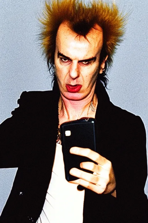 Prompt: sid vicious takes a selfie before he dies