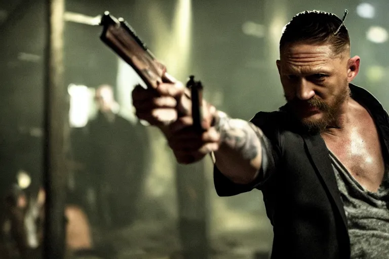 Prompt: film still of Tom Hardy as Max Payne at Club RagnaRock in the Max Payne movie, 4k