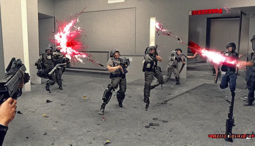 Image similar to 1994 Video Game Deathcam Screenshot, Anime Neo-tokyo Cyborg bank robbers vs police, Set inside of the Bank Lobby, Multiplayer set-piece in bank lobby, Tactical Squad :9, Police officers under heavy fire, Police Calling for back up, Bullet Holes and Blood Splatter, :6 Gas Grenades, Riot Shields, Large Caliber Sniper Fire, Chaos, Anime Cyberpunk, Anime Bullet VFX, Machine Gun Fire, Violent Gun Action, Shootout, :7 Inspired by Escape From Tarkov + Intruder + Payday 2 :9 by Katsuhiro Otomo: 9